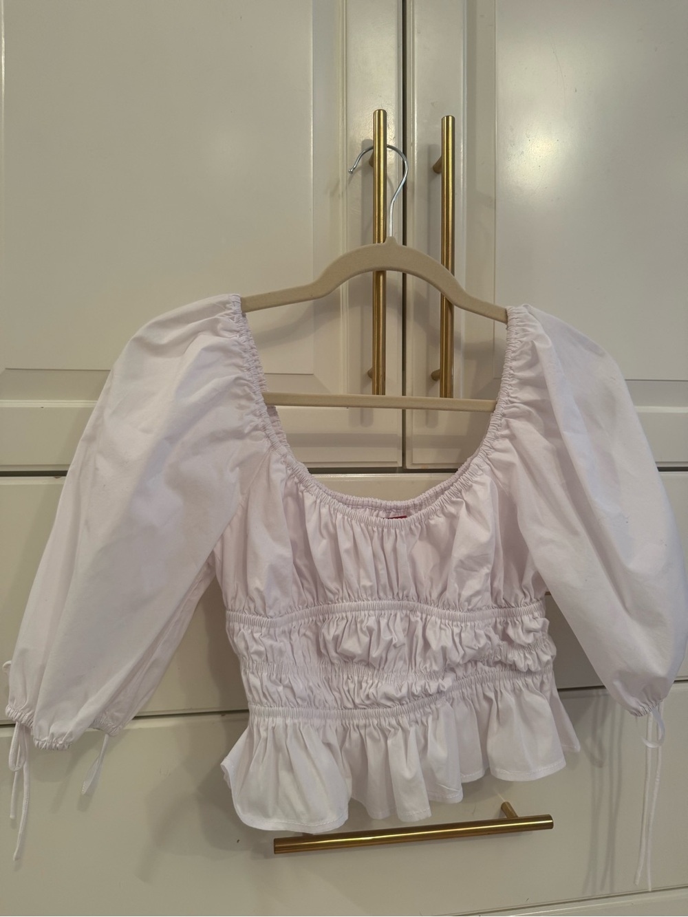 STAUD White Puff-Sleeve Smocked Peplum Top